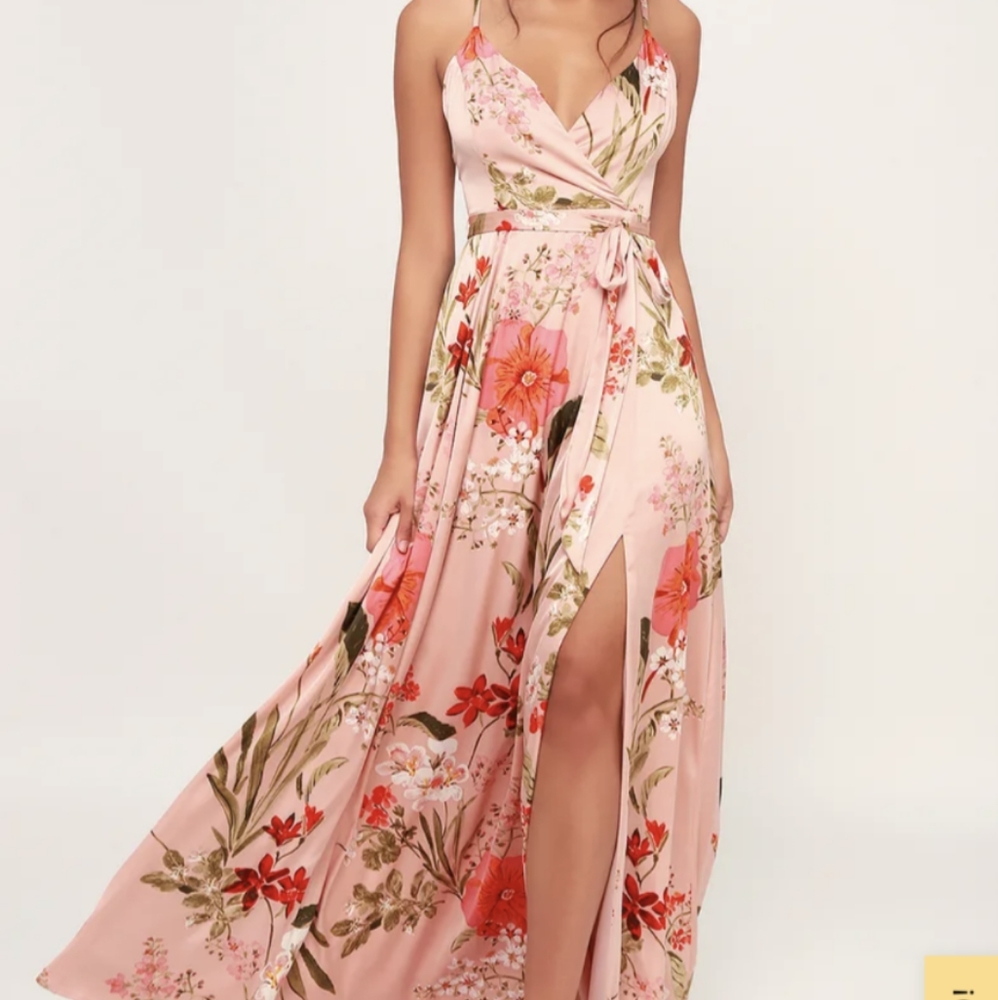 Lulus Blush Pink Floral Print Satin Maxi Dress XL